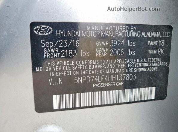5NPD74LF4HH137803 2017 HYUNDAI ELANTRA Silver Vista de la etiqueta del VIN
