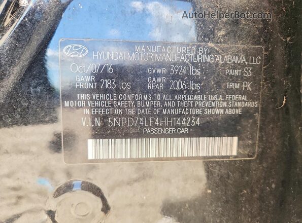 5NPD74LF4HH144234 2017 HYUNDAI ELANTRA Черный Вид подкапотного пространства