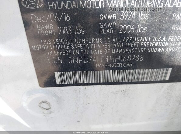 5NPD74LF4HH168288 2017 HYUNDAI ELANTRA White ძრავის განყოფილების ხედი