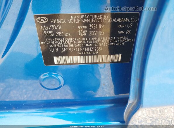 5NPD74LF4HH212550 2017 HYUNDAI ELANTRA Синий Вид подкапотного пространства