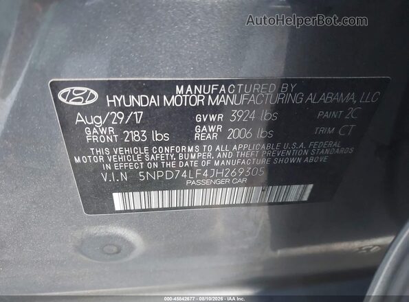 5NPD74LF4JH269305 2018 HYUNDAI ELANTRA Gray Շարժիչի բաժամունքի տեսք