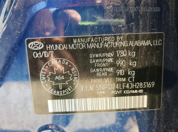 5NPD74LF4JH283169 2018 HYUNDAI ELANTRA Blue VIN sticker view