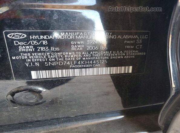 5NPD74LF4KH445125 2019 HYUNDAI ELANTRA Black VIN კოდის სტიკერის ხედი