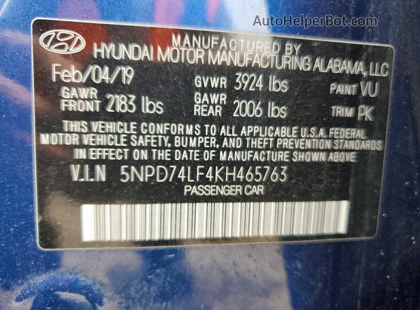 5NPD74LF4KH465763 2019 HYUNDAI ELANTRA Blue Widok naklejki z numerem VIN