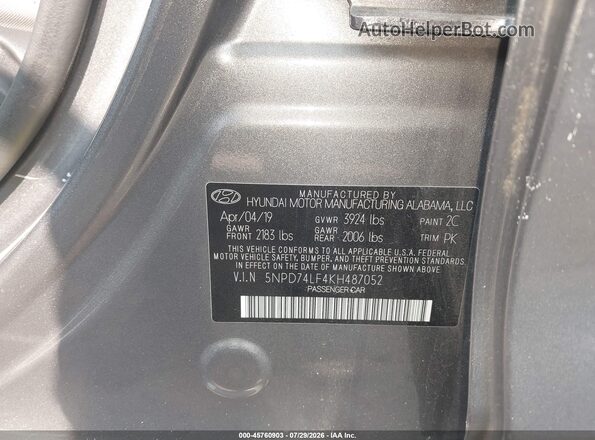 5NPD74LF4KH487052 2019 HYUNDAI ELANTRA Gray Engine compartment view
