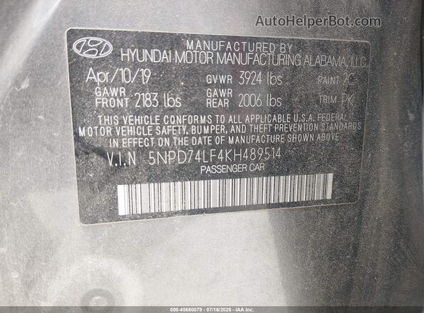 5NPD74LF4KH489514 2019 HYUNDAI ELANTRA Gray Vista del compartimento del motor