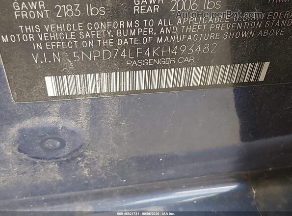 5NPD74LF4KH493482 2019 HYUNDAI ELANTRA Blue Widok komory silnika