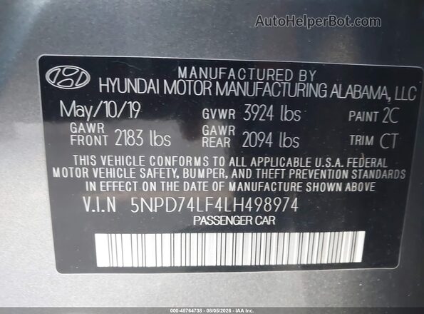 5NPD74LF4LH498974 2020 HYUNDAI ELANTRA Gray Շարժիչի բաժամունքի տեսք
