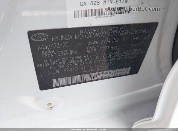5NPD74LF4LH600810 2020 HYUNDAI ELANTRA White Vista del compartimento del motor