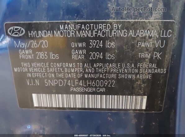 5NPD74LF4LH600922 2020 HYUNDAI ELANTRA Blue ძრავის განყოფილების ხედი