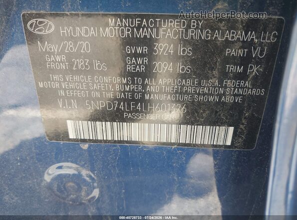 5NPD74LF4LH601326 2020 HYUNDAI ELANTRA Blue Շարժիչի բաժամունքի տեսք