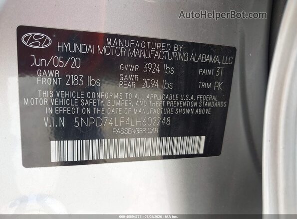 5NPD74LF4LH602248 2020 HYUNDAI ELANTRA Silver Вид підкапотного простору