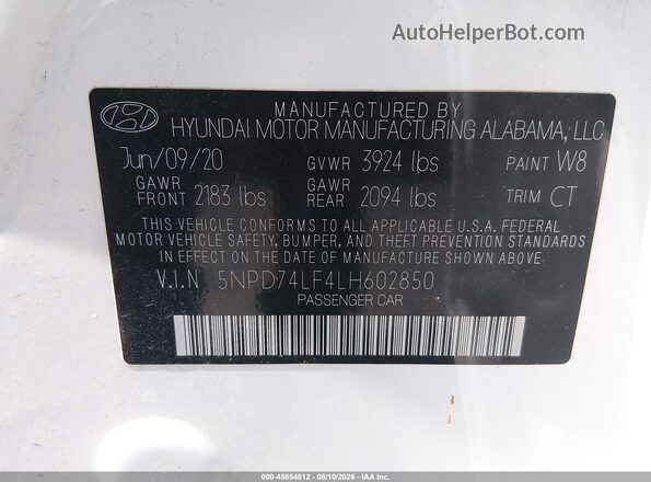 5NPD74LF4LH602850 2020 HYUNDAI ELANTRA White Շարժիչի բաժամունքի տեսք