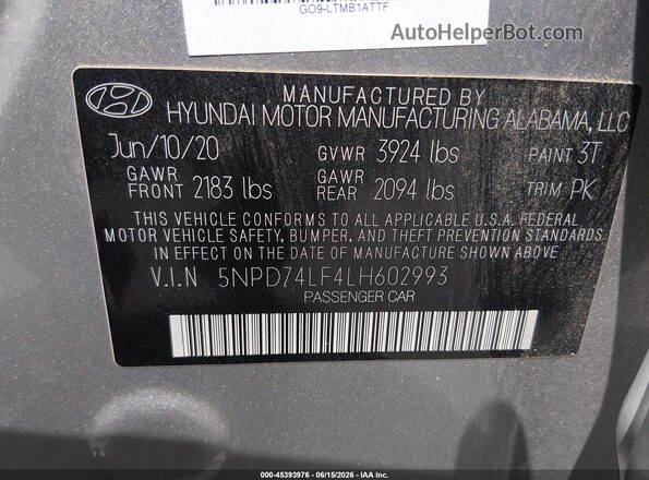 5NPD74LF4LH602993 2020 HYUNDAI ELANTRA Silver Շարժիչի բաժամունքի տեսք