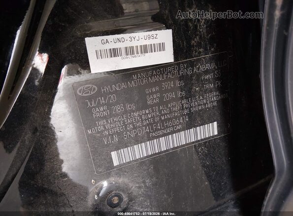 5NPD74LF4LH606414 2020 HYUNDAI ELANTRA Black Widok komory silnika