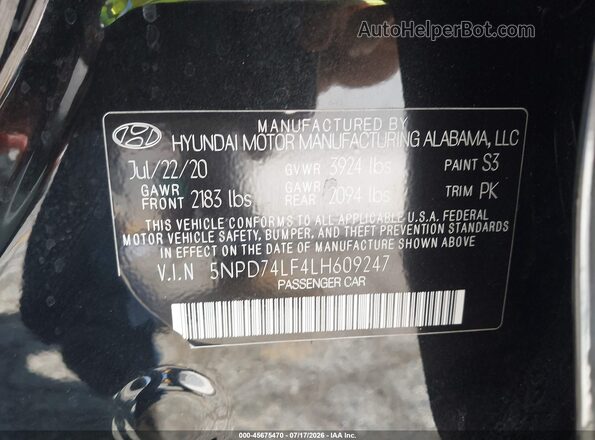 5NPD74LF4LH609247 2020 HYUNDAI ELANTRA Black Vista del compartimento del motor