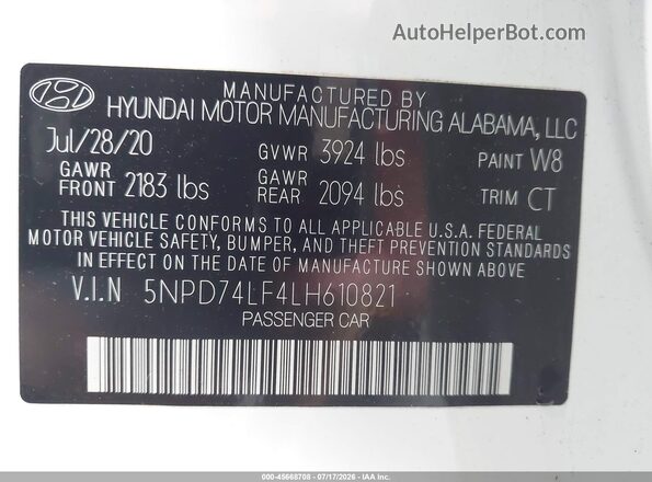 5NPD74LF4LH610821 2020 HYUNDAI ELANTRA White Engine compartment view