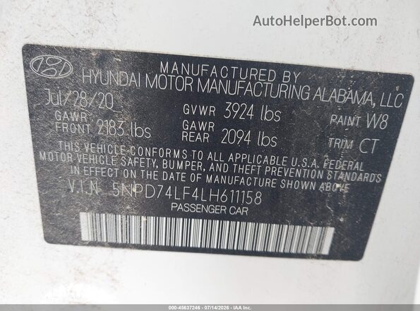 5NPD74LF4LH611158 2020 HYUNDAI ELANTRA White Vista del compartimento del motor