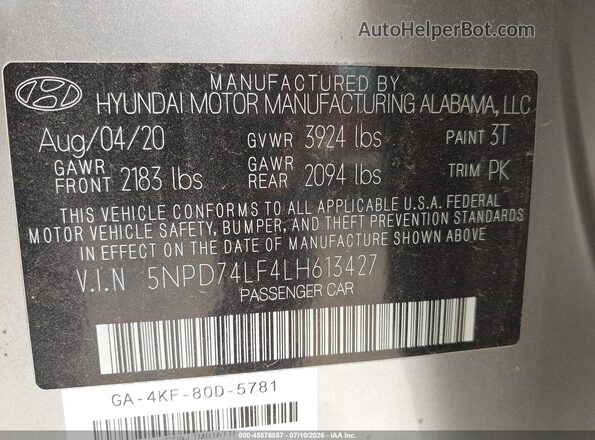 5NPD74LF4LH613427 2020 HYUNDAI ELANTRA Silver Widok komory silnika