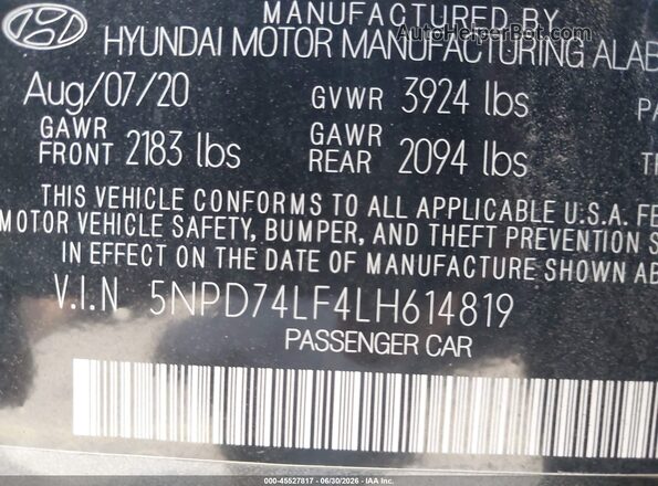 5NPD74LF4LH614819 2020 HYUNDAI ELANTRA Gray ძრავის განყოფილების ხედი