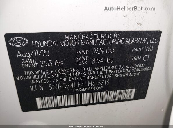 5NPD74LF4LH615713 2020 HYUNDAI ELANTRA White Շարժիչի բաժամունքի տեսք
