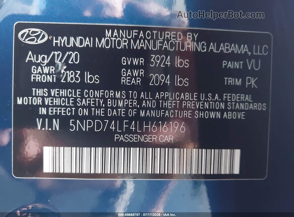 5NPD74LF4LH616196 2020 HYUNDAI ELANTRA Blue Вид підкапотного простору