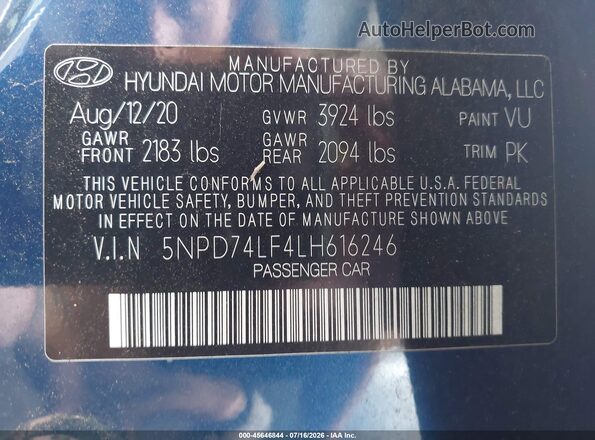 5NPD74LF4LH616246 2020 HYUNDAI ELANTRA Blue Вид підкапотного простору