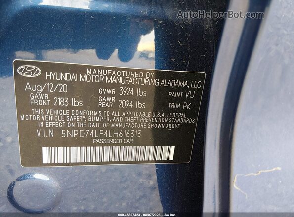 5NPD74LF4LH616313 2020 HYUNDAI ELANTRA Blue Widok komory silnika