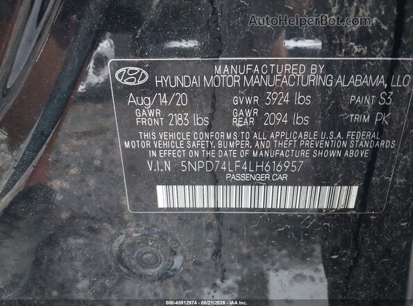 5NPD74LF4LH616957 2020 HYUNDAI ELANTRA Black Vista del compartimento del motor
