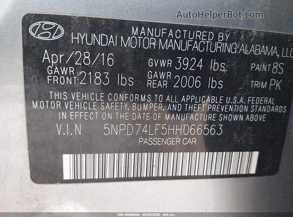 5NPD74LF5HH066563 2017 HYUNDAI ELANTRA Gray Vista del compartimento del motor