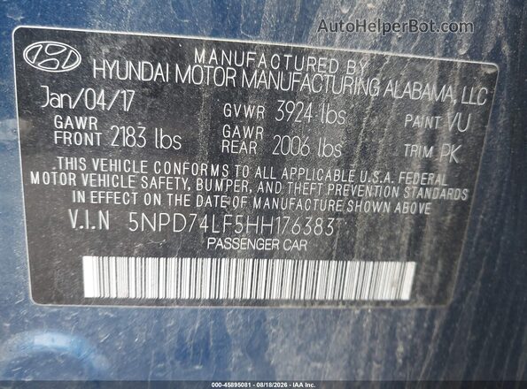 5NPD74LF5HH176383 2017 HYUNDAI ELANTRA Dark Blue Вид подкапотного пространства