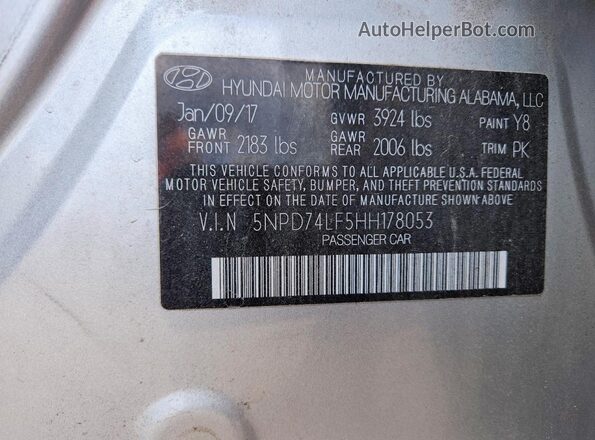 5NPD74LF5HH178053 2017 HYUNDAI ELANTRA Silver VIN კოდის სტიკერის ხედი