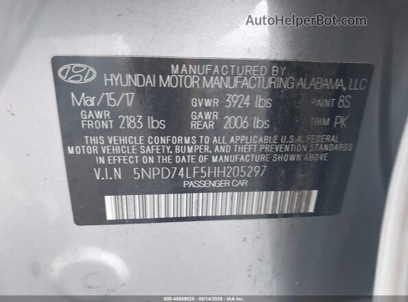 5NPD74LF5HH205297 2017 HYUNDAI ELANTRA Silver Engine compartment view