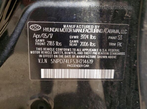 5NPD74LF5JH214619 2018 HYUNDAI ELANTRA Black Widok naklejki z numerem VIN