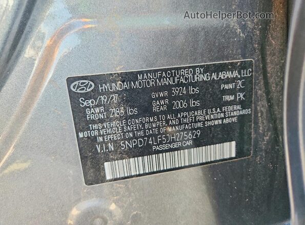 5NPD74LF5JH275629 2018 HYUNDAI ELANTRA Gray Vista de la etiqueta del VIN