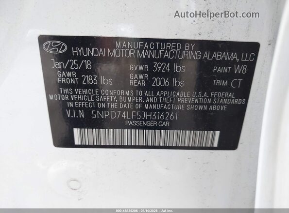 5NPD74LF5JH316261 2018 HYUNDAI ELANTRA White ძრავის განყოფილების ხედი