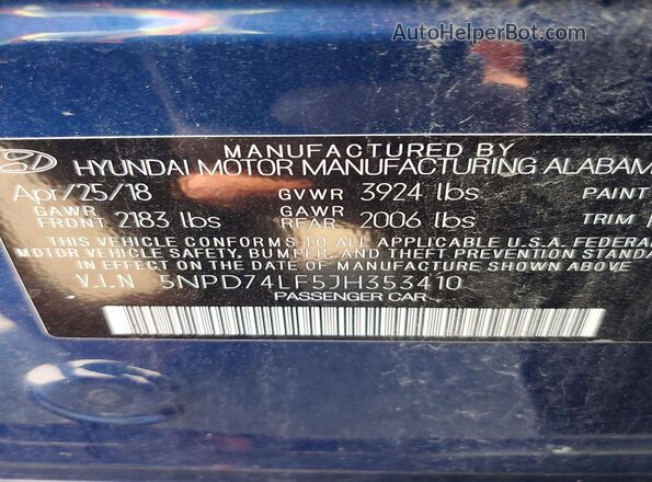 5NPD74LF5JH353410 2018 HYUNDAI ELANTRA Blue VIN კოდის სტიკერის ხედი