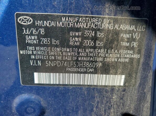 5NPD74LF5JH386097 2018 HYUNDAI ELANTRA Blue Widok komory silnika