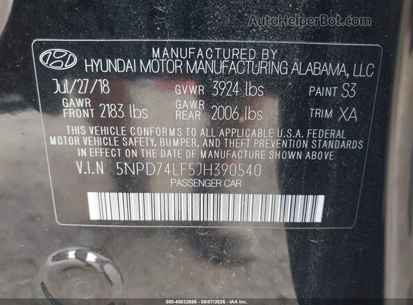 5NPD74LF5JH390540 2018 HYUNDAI ELANTRA Black Vista del compartimento del motor