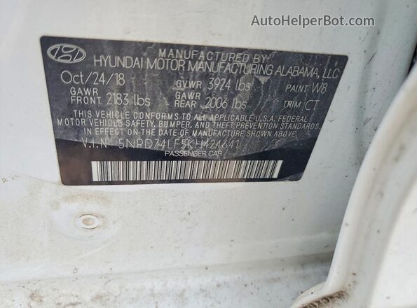 5NPD74LF5KH424641 2019 HYUNDAI ELANTRA White ძრავის განყოფილების ხედი