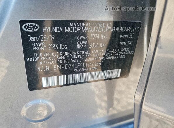 5NPD74LF5KH461365 2019 HYUNDAI ELANTRA Серый Вид подкапотного пространства