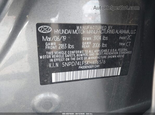5NPD74LF5KH476576 2019 HYUNDAI ELANTRA Black ძრავის განყოფილების ხედი