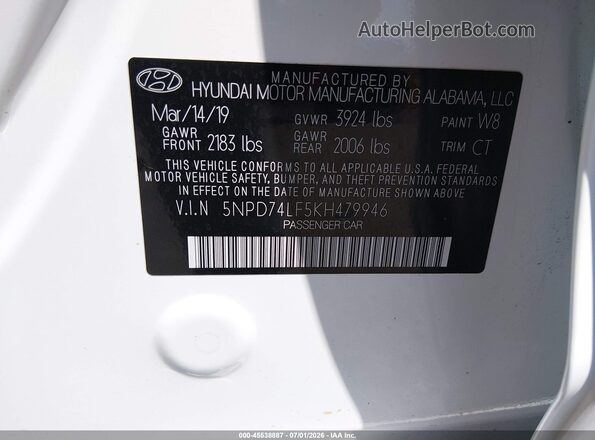 5NPD74LF5KH479946 2019 HYUNDAI ELANTRA White Widok komory silnika