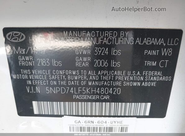 5NPD74LF5KH480420 2019 HYUNDAI ELANTRA White Engine compartment view
