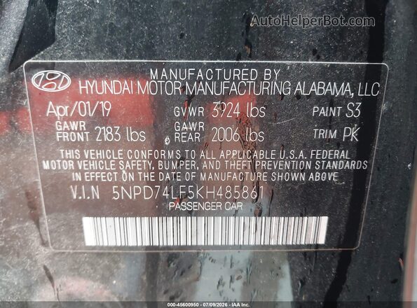 5NPD74LF5KH485861 2019 HYUNDAI ELANTRA Black Вид підкапотного простору