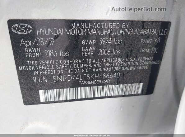 5NPD74LF5KH486640 2019 HYUNDAI ELANTRA Silver Շարժիչի բաժամունքի տեսք