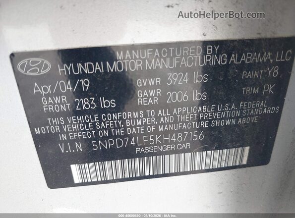 5NPD74LF5KH487156 2019 HYUNDAI ELANTRA Silver Вид підкапотного простору