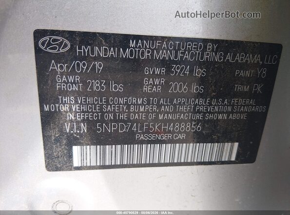 5NPD74LF5KH488856 2019 HYUNDAI ELANTRA Silver ძრავის განყოფილების ხედი