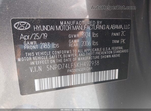 5NPD74LF5KH492938 2019 HYUNDAI ELANTRA Gray ძრავის განყოფილების ხედი
