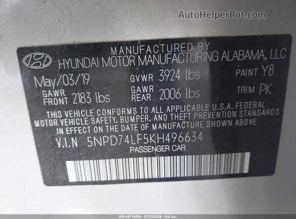 5NPD74LF5KH496634 2019 HYUNDAI ELANTRA Silver Շարժիչի բաժամունքի տեսք